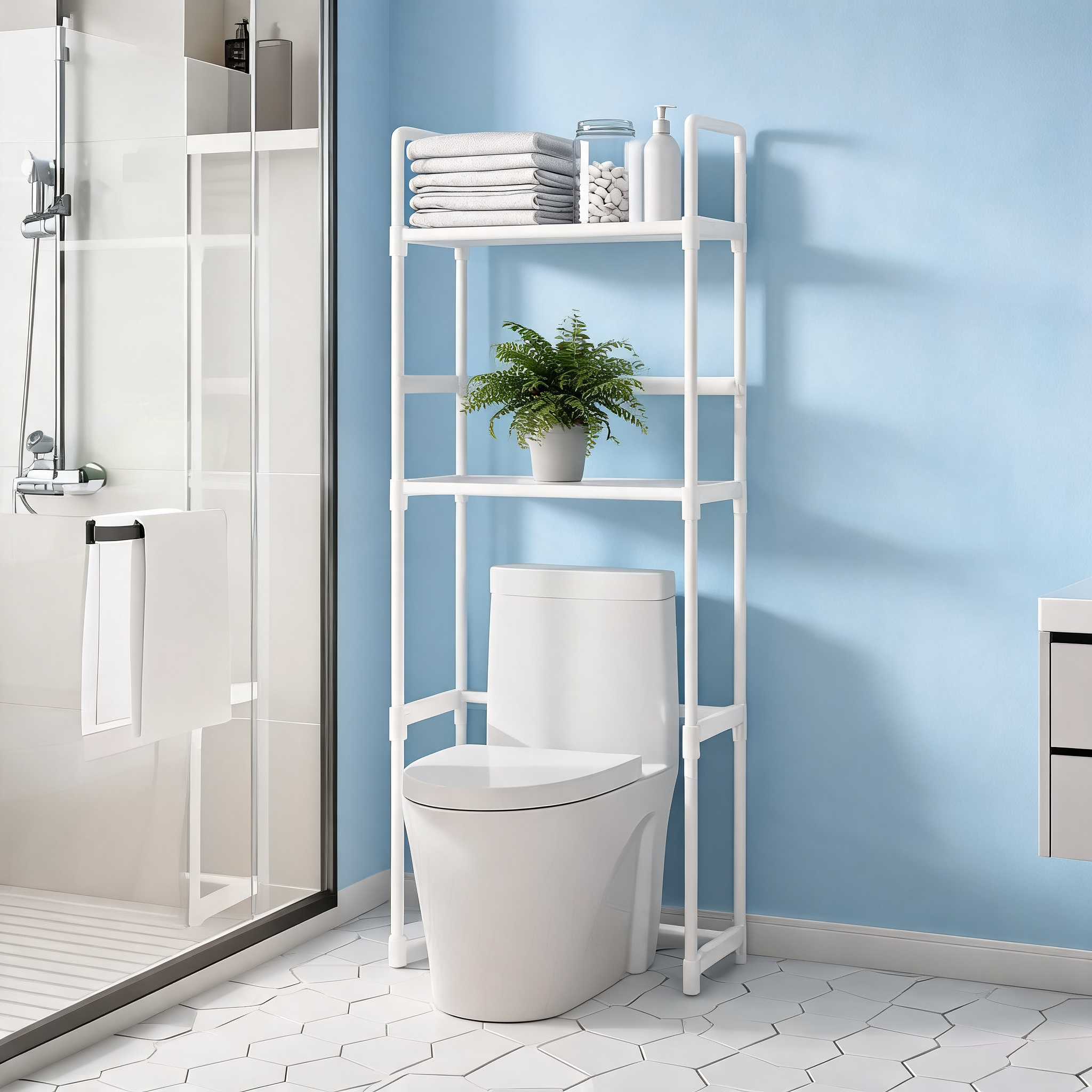 White over-the-toilet rack with folded towels and a fern in a pale blue bathroom